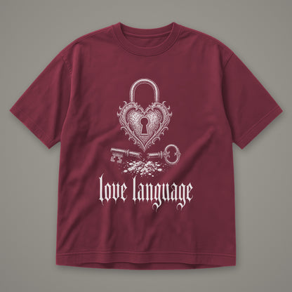 Love Language Men's Heavyweight Tee in wine by Trauma Dump, heart padlock and broken key tattoo-style gothic graphic in white ink (Wine, white ink)