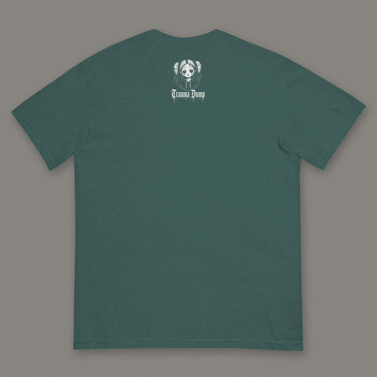 Love Language Men's Heavyweight Tee in blue spruce by Trauma Dump, men's heavyweight tee goth tee back view with TD doll logo under the collar in white ink (Blue Spruce, White ink)