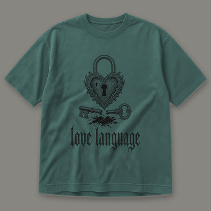 Love Language Men's Heavyweight Tee in blue spruce by Trauma Dump, heart padlock and broken key tattoo-style gothic graphic in black ink (Blue Spruce, black ink)