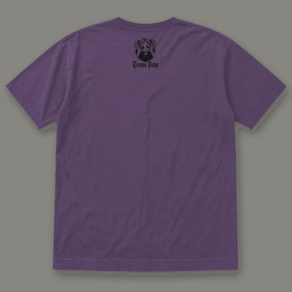 Love Language Men's Heavyweight Tee in grape by Trauma Dump, men's heavyweight tee goth tee back view with TD doll logo under the collar in black ink (Grape, black ink)