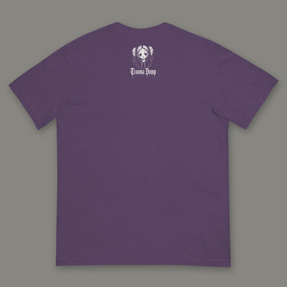 Love Language Men's Heavyweight Tee in grape by Trauma Dump, men's heavyweight tee goth tee back view with TD doll logo under the collar in white ink (Grape, White ink)
