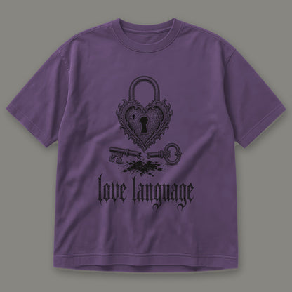 Love Language Men's Heavyweight Tee in grape by Trauma Dump, heart padlock and broken key tattoo-style gothic graphic in black ink (Grape, black ink)