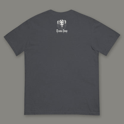 Love Language Men's Heavyweight Tee in graphite by Trauma Dump, men's heavyweight tee goth tee back view with TD doll logo under the collar in white ink (Graphite, White ink)
