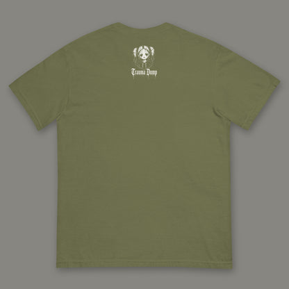 Love Language Men's Heavyweight Tee in moss by Trauma Dump, men's heavyweight tee goth tee back view with TD doll logo under the collar in white ink (Moss, White ink)