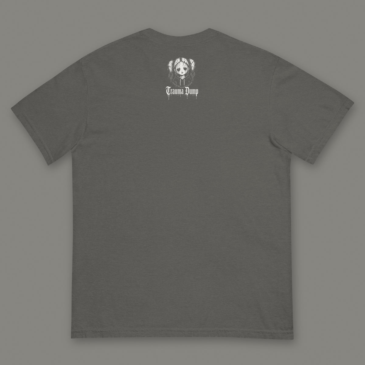 Love Language Men's Heavyweight Tee in pepper by Trauma Dump, men's heavyweight tee goth tee back view with TD doll logo under the collar in white ink (Pepper, White ink)