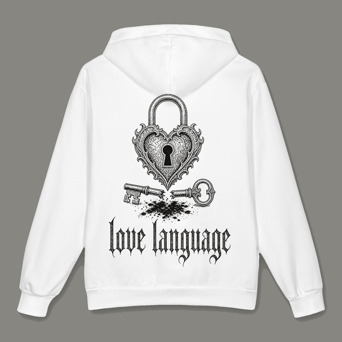 Love Language Oversized Cotton Hoodie by Trauma Dump, oversized grunge hoodie with heart padlock print, mockup view 2