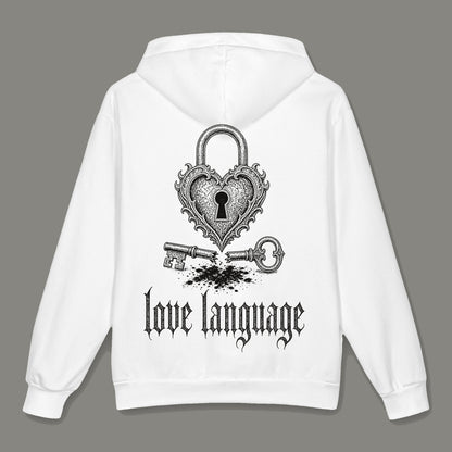 Love Language Oversized Cotton Hoodie by Trauma Dump, oversized grunge hoodie with heart padlock print, mockup view 2