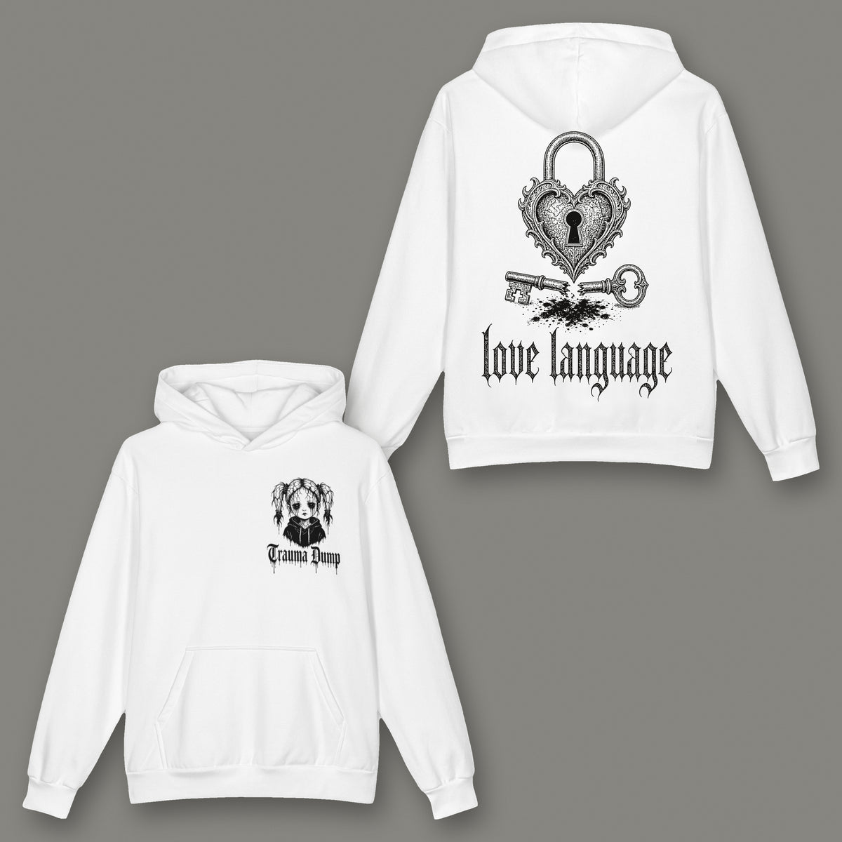 Love Language Oversized Cotton Hoodie in white by Trauma Dump, heart padlock tattoo-style gothic graphic