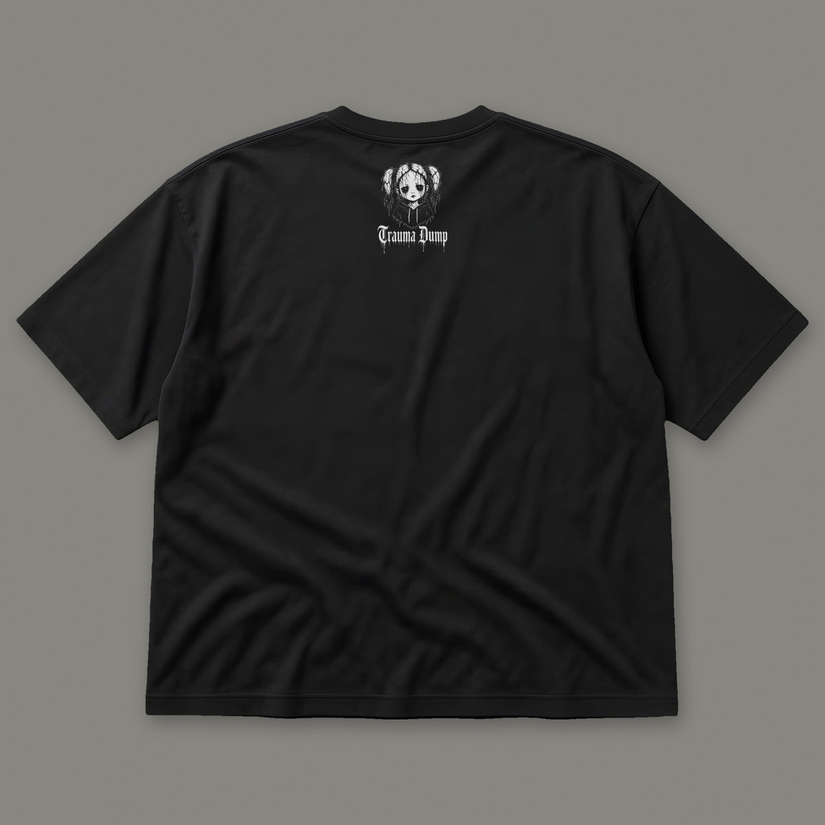 Love Language Men's Oversized Tee by Trauma Dump, oversized goth tee back view with TD doll logo under the collar