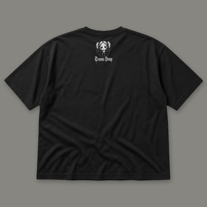 Love Language Men's Oversized Tee by Trauma Dump, oversized goth tee back view with TD doll logo under the collar