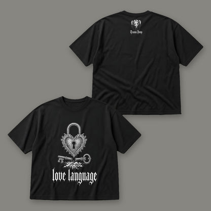 Love Language Men's Oversized Tee by Trauma Dump, front and back view of black goth tee