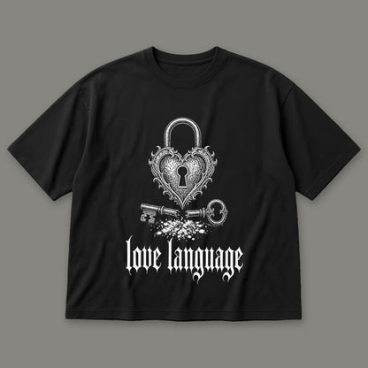 Love Language Men's Oversized Tee in black by Trauma Dump, heart padlock and broken key tattoo-style gothic graphic