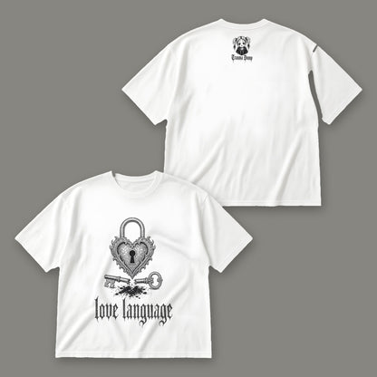 Love Language Men's Oversized Tee - White by Trauma Dump, front and back view of white goth tee with black ink