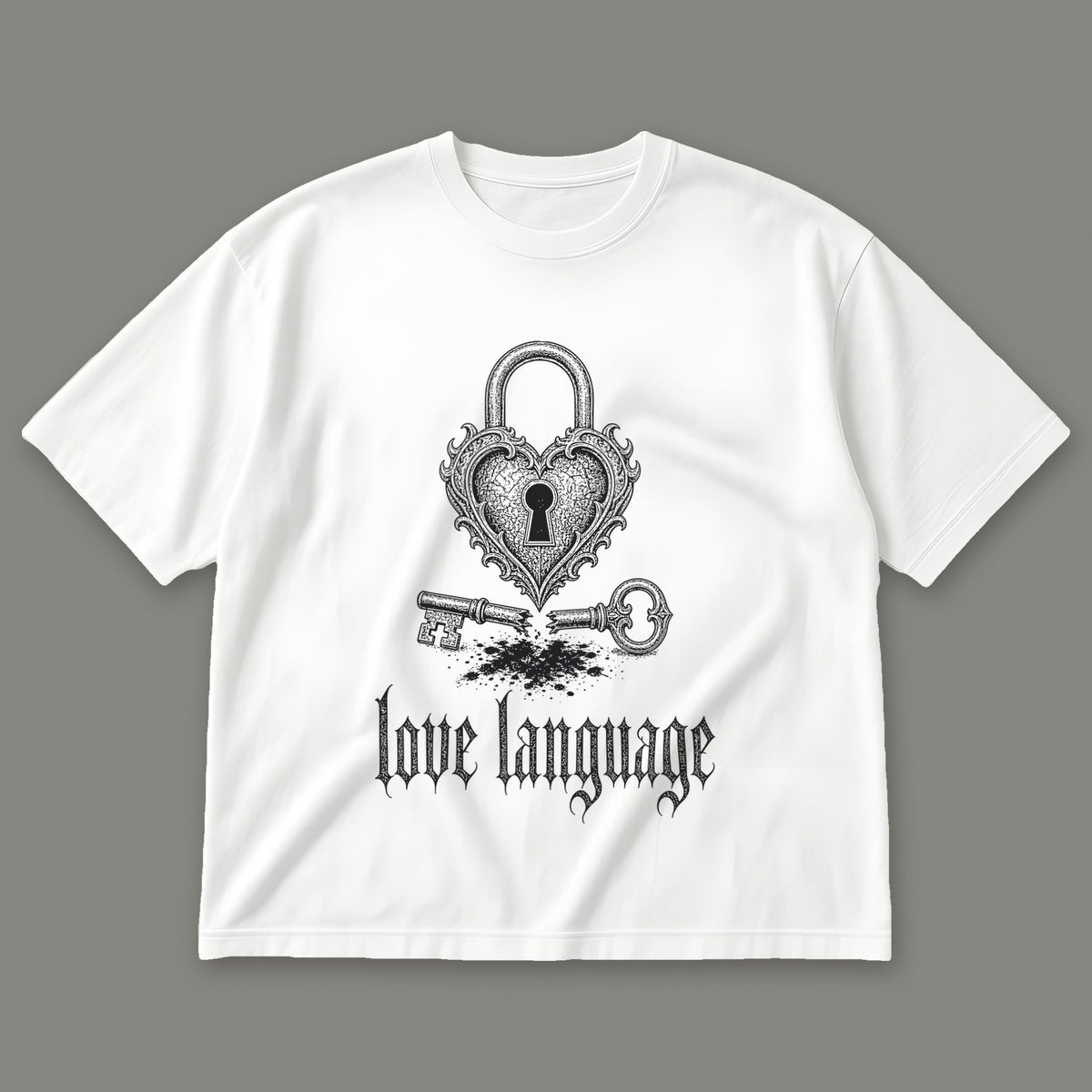 Love Language Men's Oversized Tee in white by Trauma Dump, heart padlock and broken key tattoo-style gothic graphic in black ink