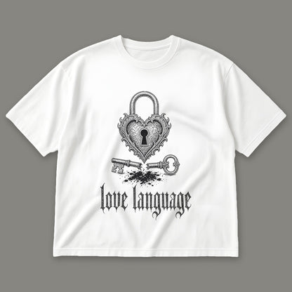 Love Language Men's Oversized Tee in white by Trauma Dump, heart padlock and broken key tattoo-style gothic graphic in black ink