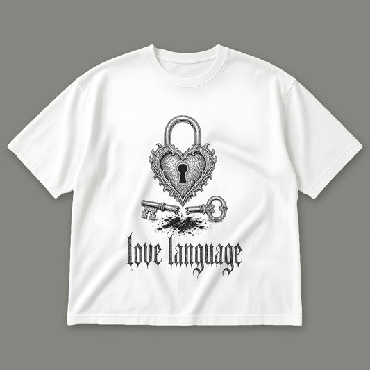Love Language Men's Oversized Tee in white by Trauma Dump, heart padlock and broken key tattoo-style gothic graphic in black ink