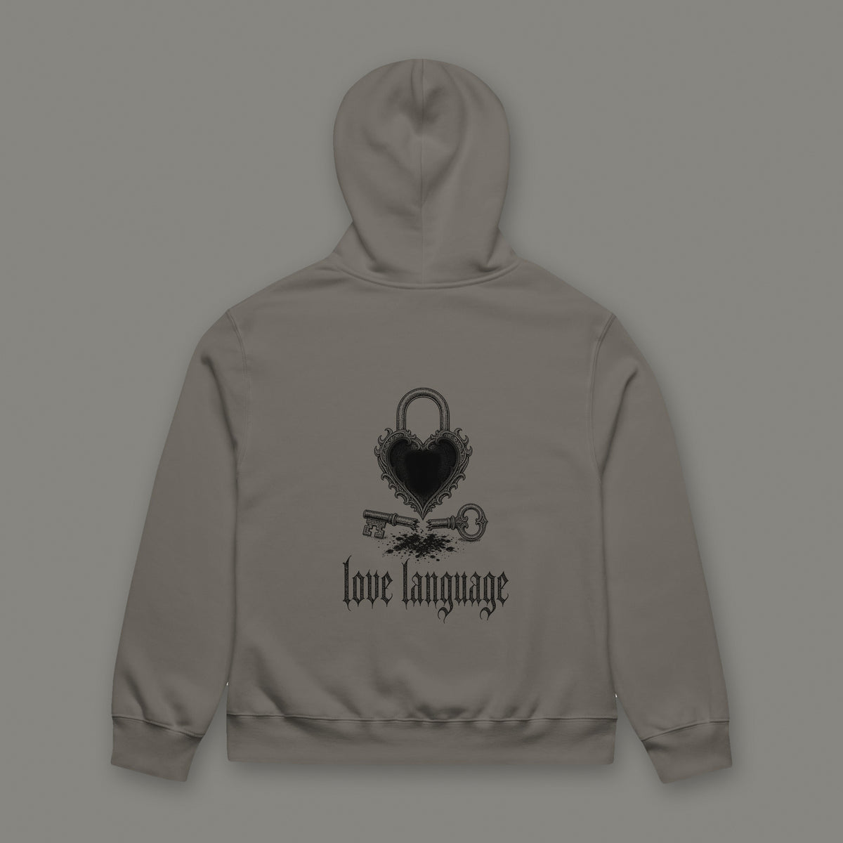 Love Language Oversized Heavyweight Hoodie in asphalt by Trauma Dump, oversized asphalt goth hoodie back with heart padlock print in black ink (Asphalt, black ink)