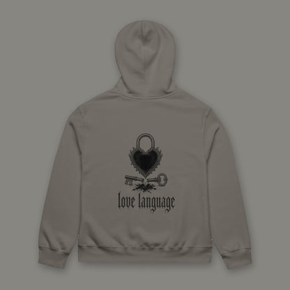 Love Language Oversized Heavyweight Hoodie in asphalt by Trauma Dump, oversized asphalt goth hoodie back with heart padlock print in black ink (Asphalt, black ink)