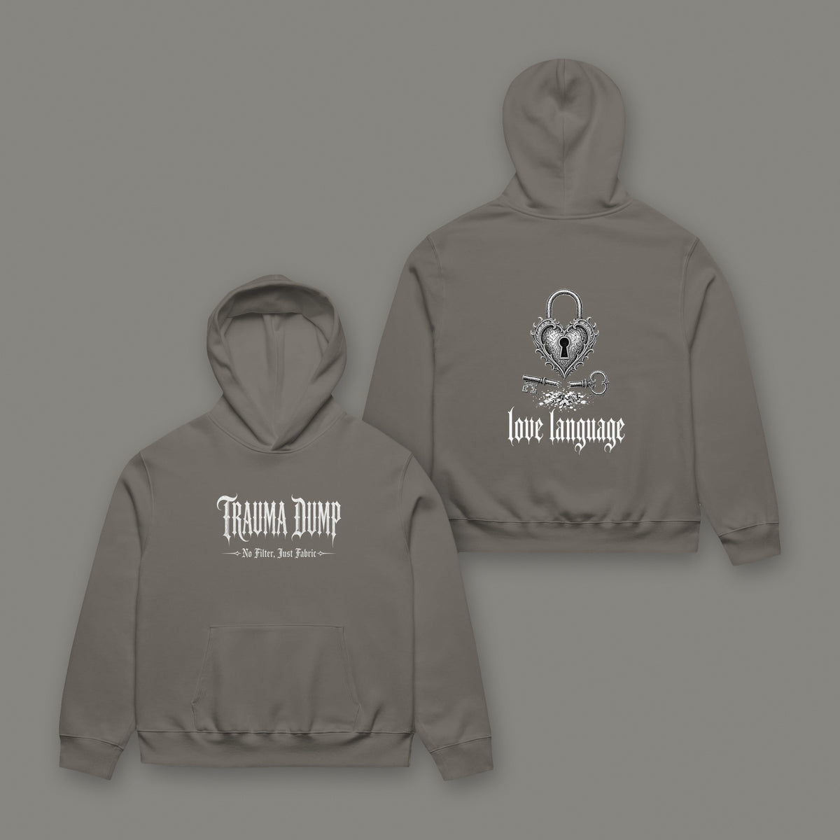 Love Language Oversized Heavyweight Hoodie in asphalt black by Trauma Dump, heart padlock tattoo-style gothic graphic (Asphalt, white ink)