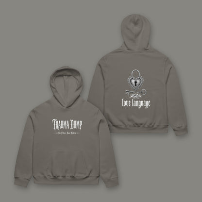 Love Language Oversized Heavyweight Hoodie in asphalt black by Trauma Dump, heart padlock tattoo-style gothic graphic (Asphalt, white ink)