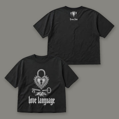 Love Language Women's Boxy Tee by Trauma Dump, front and back view of black goth tee (Black, white ink)