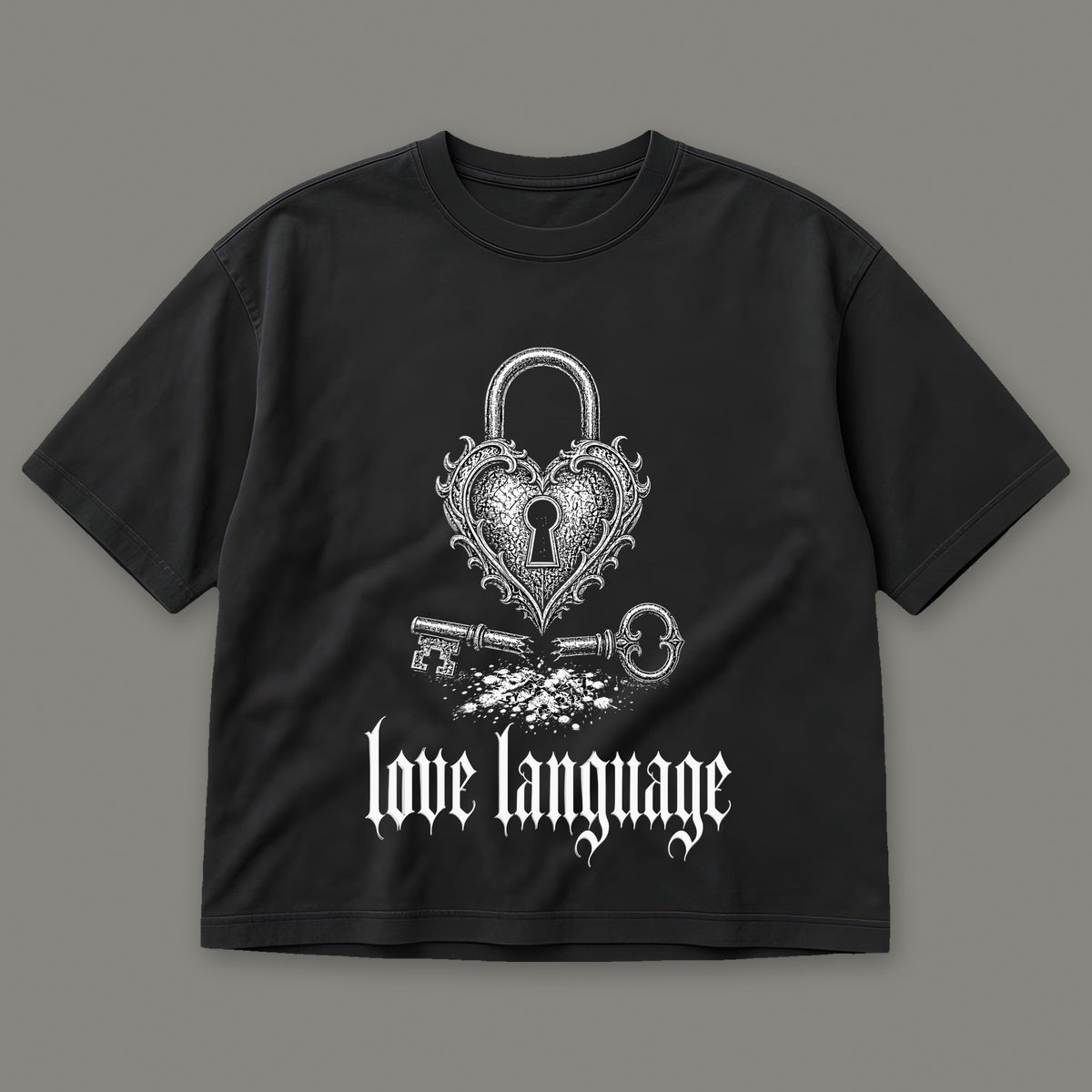 Love Language Women's Boxy Tee in black by Trauma Dump, heart padlock and broken key tattoo-style gothic graphic (Black, white ink)