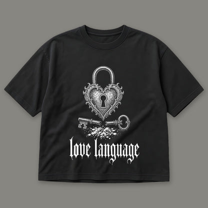 Love Language Women's Boxy Tee in black by Trauma Dump, heart padlock and broken key tattoo-style gothic graphic (Black, white ink)