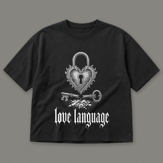 Love Language Women's Boxy Tee in black by Trauma Dump, heart padlock and broken key tattoo-style gothic graphic (Black, white ink)