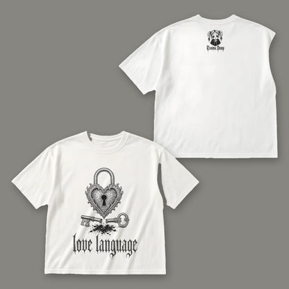 Love Language Women's Boxy Tee - White by Trauma Dump, front and back view of white goth tee with black ink