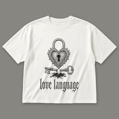 Love Language Women's Boxy Tee in white by Trauma Dump, heart padlock and broken key tattoo-style gothic graphic in black ink