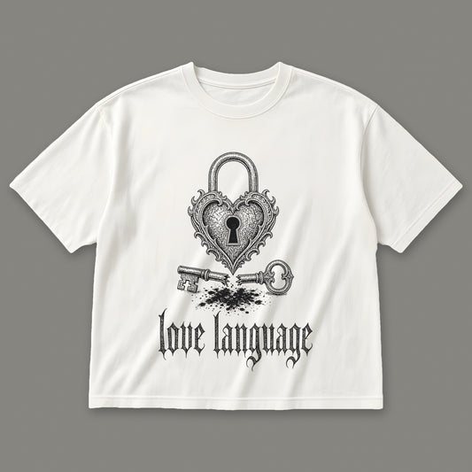 Love Language Women's Boxy Tee in white by Trauma Dump, heart padlock and broken key tattoo-style gothic graphic in black ink