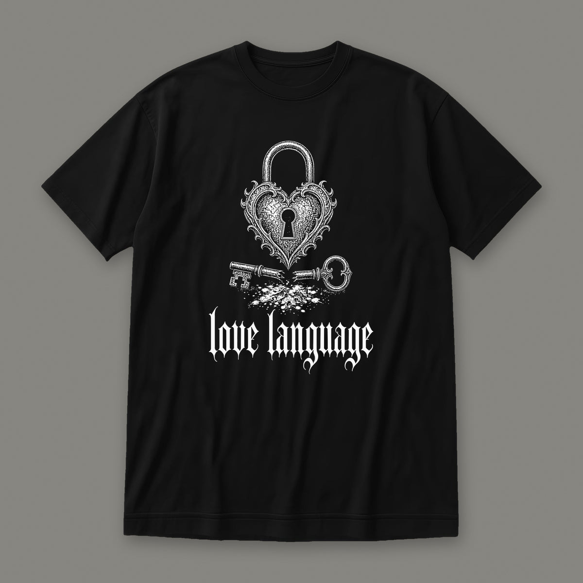Love Language Women's Relaxed Tee in black by Trauma Dump, heart padlock and broken key tattoo-style gothic graphic in white ink (Black, white ink)