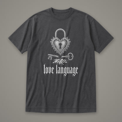 Love Language Women's Relaxed Tee in dark grey heather by Trauma Dump, heart padlock and broken key tattoo-style gothic graphic in white ink (Dark Grey Heather, white ink)
