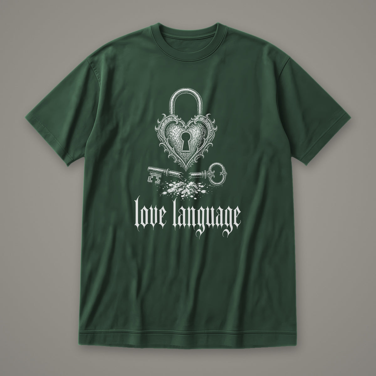 Love Language Women's Relaxed Tee in forest green by Trauma Dump, heart padlock and broken key tattoo-style gothic graphic in white ink (Forest Green, white ink)