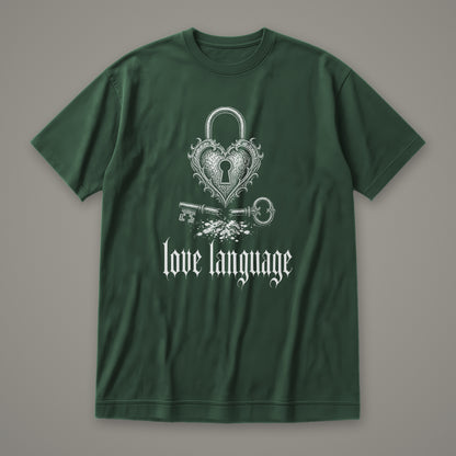 Love Language Women's Relaxed Tee in forest green by Trauma Dump, heart padlock and broken key tattoo-style gothic graphic in white ink (Forest Green, white ink)