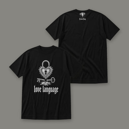 Love Language Women's Relaxed Tee by Trauma Dump, front and back view of black goth tee (Black, white ink)