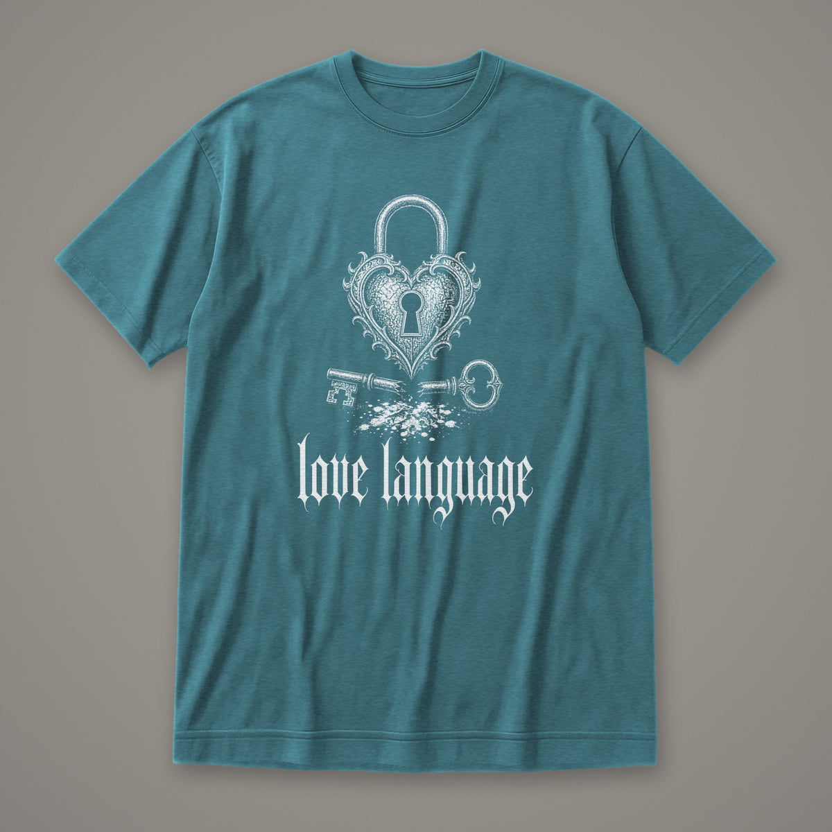 Love Language Women's Relaxed Tee in heather deep teal by Trauma Dump, heart padlock and broken key tattoo-style gothic graphic in white ink (Heather Deep Teal, white ink)