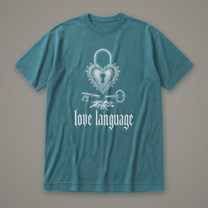 Love Language Women's Relaxed Tee in heather deep teal by Trauma Dump, heart padlock and broken key tattoo-style gothic graphic in white ink (Heather Deep Teal, white ink)