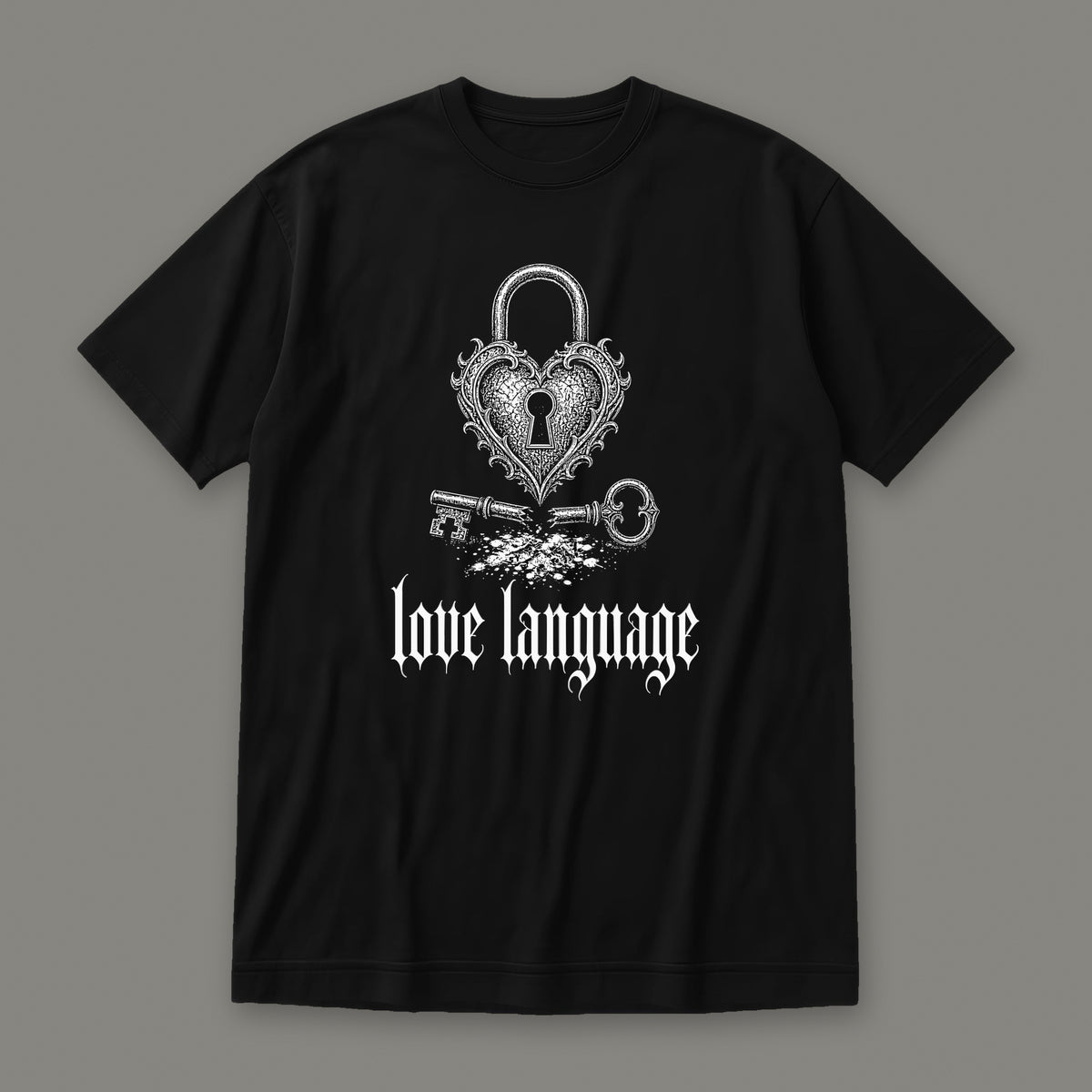 Love Language Women's Relaxed Tee in black by Trauma Dump, heart padlock and broken key tattoo-style gothic graphic (Black, white ink)