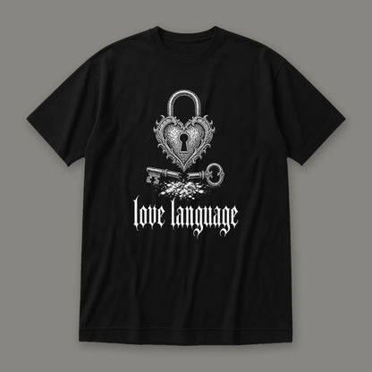 Love Language Women's Relaxed Tee in black by Trauma Dump, heart padlock and broken key tattoo-style gothic graphic (Black, white ink)