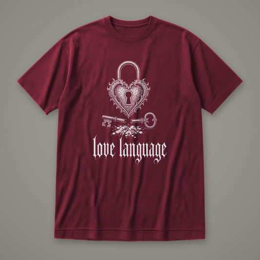 Love Language Women's Relaxed Tee in maroon by Trauma Dump, heart padlock and broken key tattoo-style gothic graphic in white ink (Maroon, white ink)