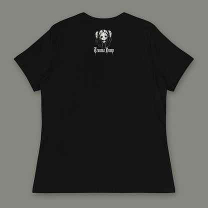 Love Language Women's Relaxed Tee in black by Trauma Dump, women's relaxed tee goth tee back view with TD doll logo under the collar in white ink (Black, White ink)