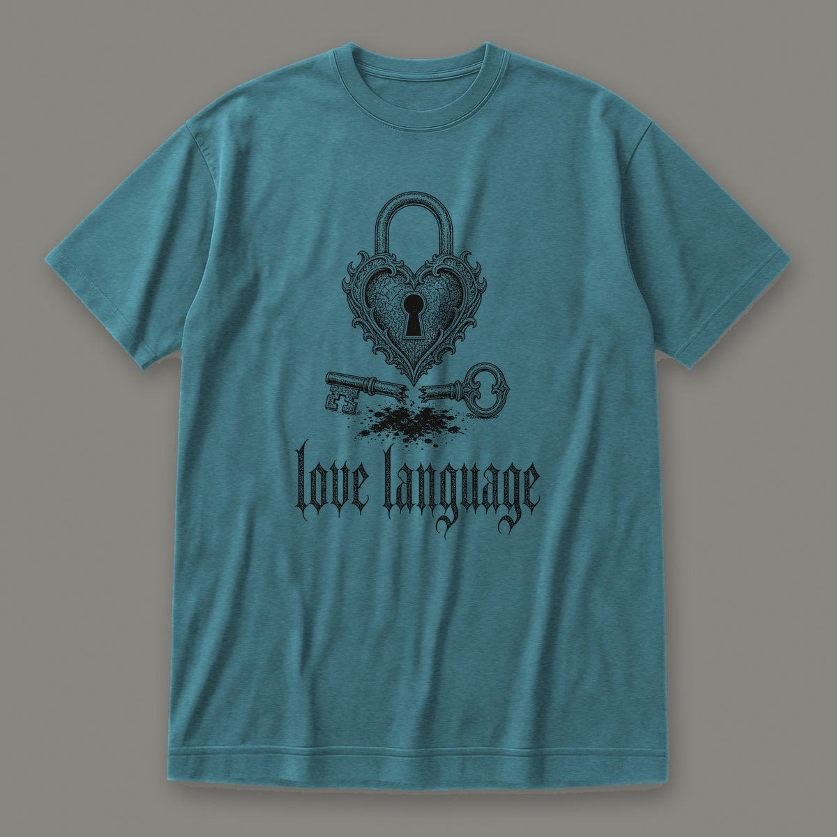 Love Language Women's Relaxed Tee in heather deep teal by Trauma Dump, heart padlock and broken key tattoo-style gothic graphic in black ink (Heather Deep Teal, black ink)