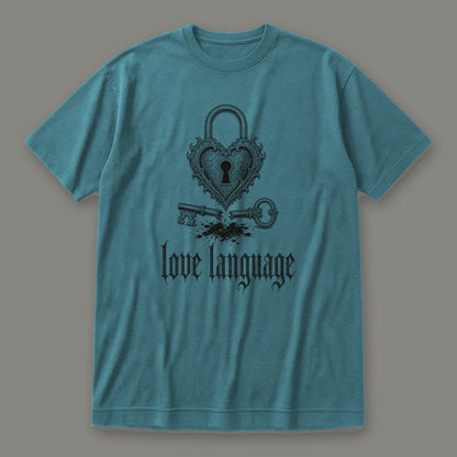 Love Language Women's Relaxed Tee in heather deep teal by Trauma Dump, heart padlock and broken key tattoo-style gothic graphic in black ink (Heather Deep Teal, black ink)