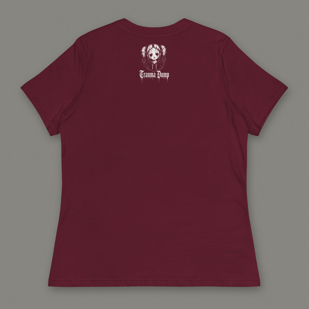 Love Language Women's Relaxed Tee in maroon by Trauma Dump, women's relaxed tee goth tee back view with TD doll logo under the collar in white ink (Maroon, White ink)