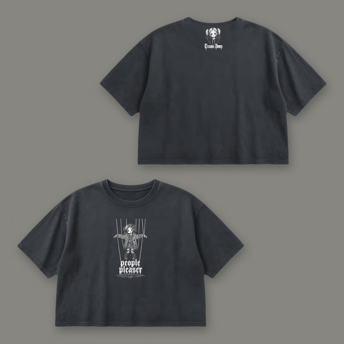 People Pleaser Cropped Baby Tee in black, front and back view