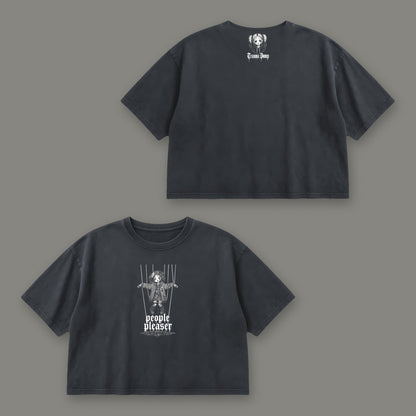 People Pleaser Cropped Baby Tee in black, front and back view