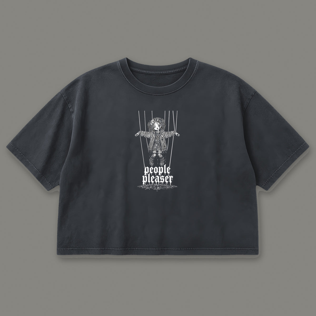 People Pleaser Cropped Baby Tee in black, front view
