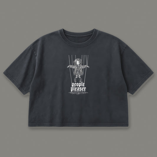 People Pleaser Cropped Baby Tee in black, front view