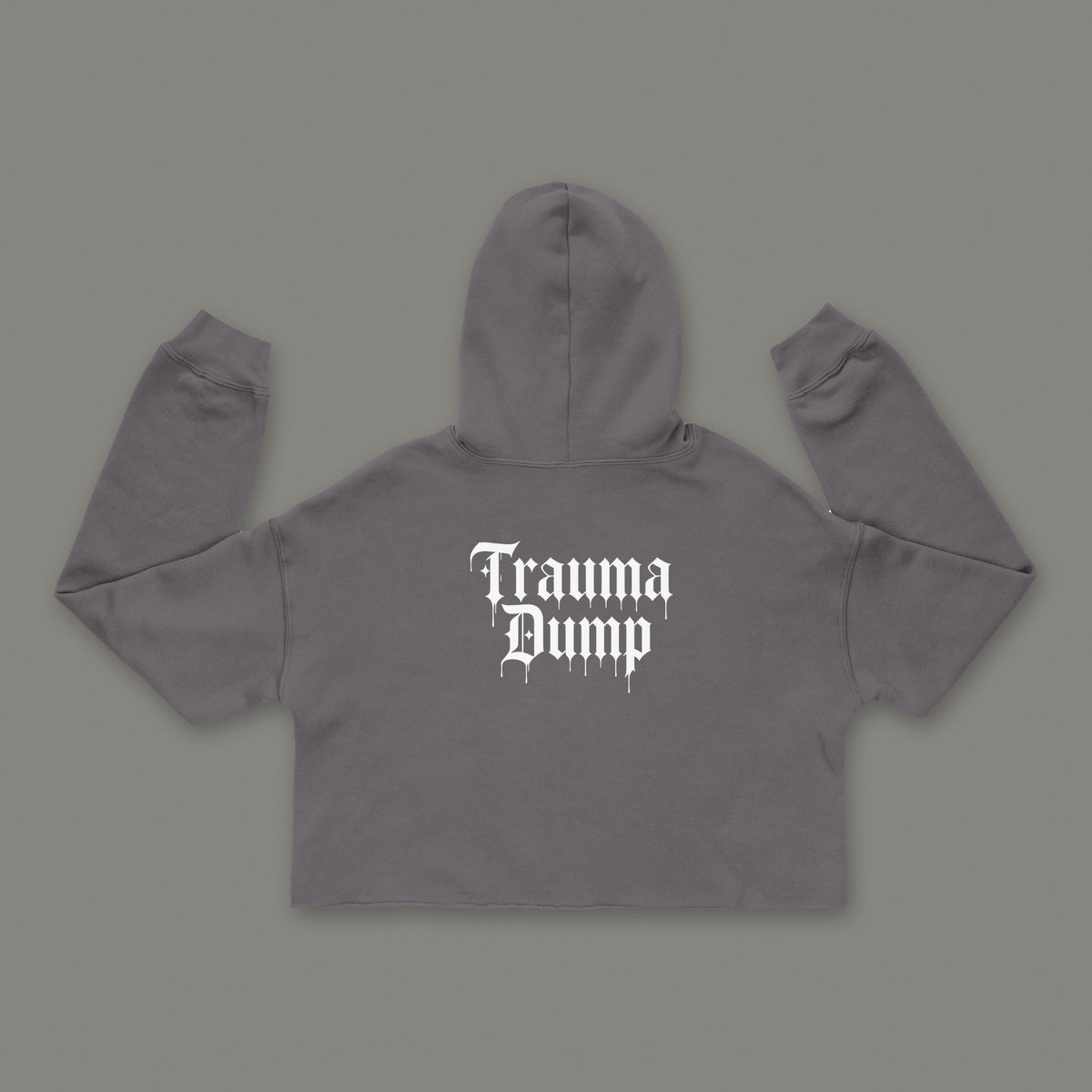 People Pleaser Cropped Hoodie by Trauma Dump, storm grey goth cropped hoodie back with Trauma Dump gothic logo (Storm, white ink)